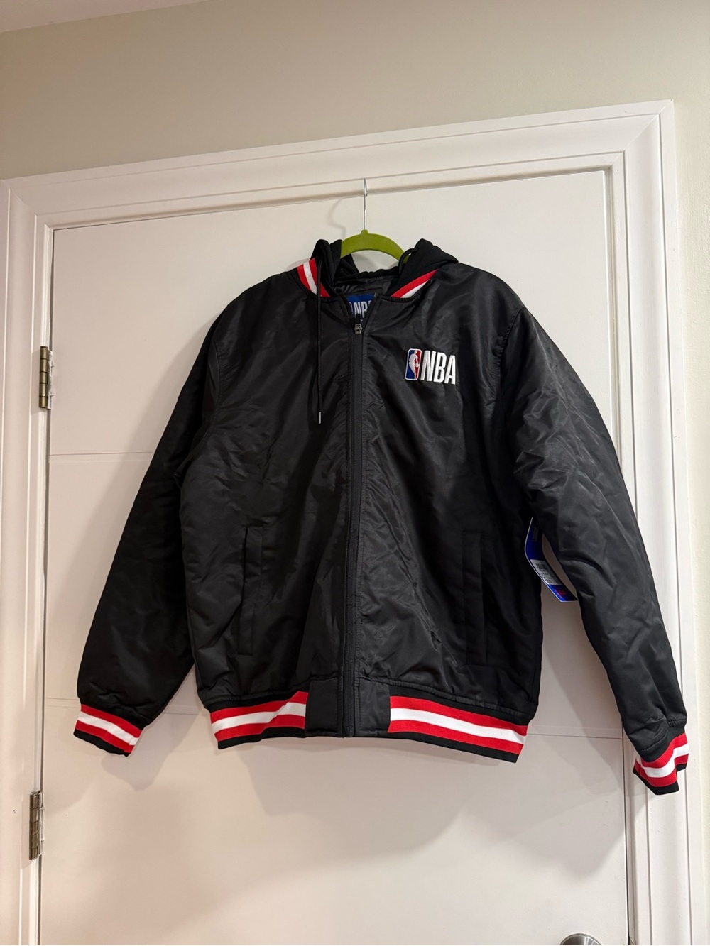 NBA Black Hooded Bomber Jacket with Red and White Trim